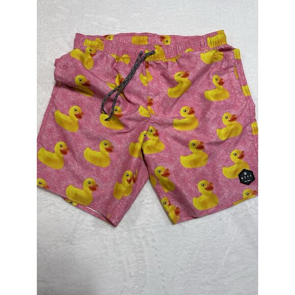Neff Pink Board Shorts Swim Yellow Ducks Drawstring Closure Pockets | Sz: Large - Picture 6 of 6